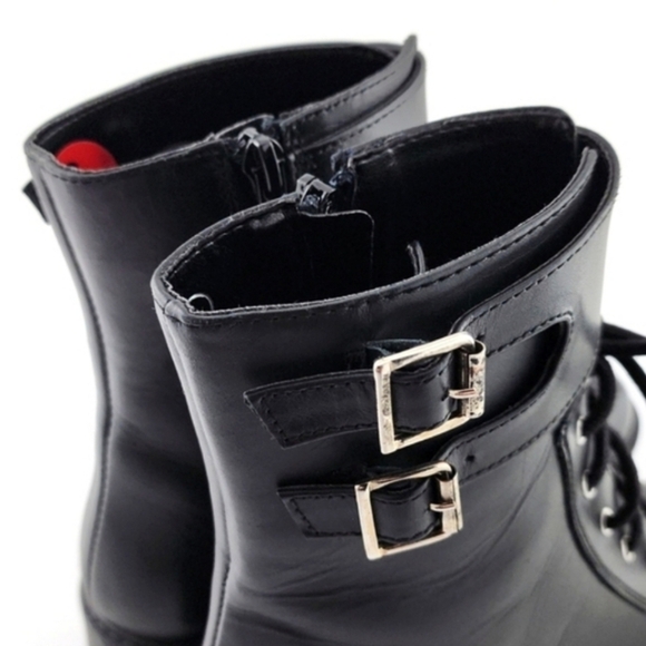 NWT Italian Shoemakers Black Leather Lace-Up Combat Short Boot Strap Buckle Sz 6 - Picture 11 of 15